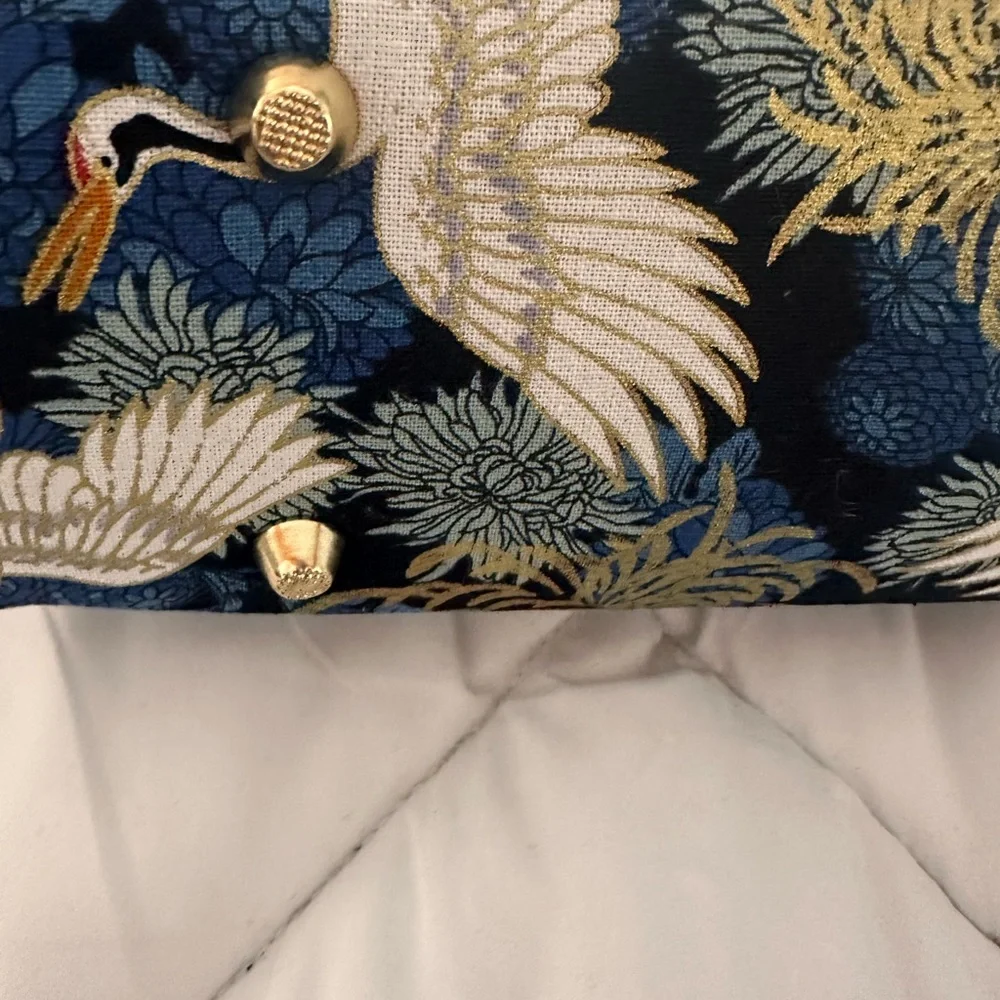 Gold Frame Crane Print Clutch Purse Brocade Evening Bag | Detachable Chain Strap - Picture 5 of 5